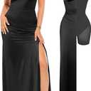 Popilush Women's Sexy Maxi Dress Deep V Neck Ruched Shapewear Dresses Side Slit Formal Cocktail Party Dress (Black, S)