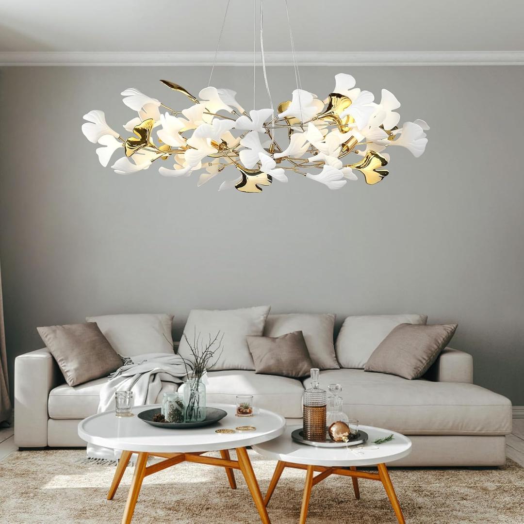 L31.5 Inch Branch Chandelier Ceramic Ginkgo Leaf Chandeliers Brass Hanging Lights Fixtures for Dining Room Living Room Kitchen Island, 5-Light (31.5Inch, White-Gold)