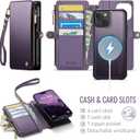 for iPhone 15 - Phone Case Wallet Magnetic Detachable, Purple | Compatible with Magsafe, RFID Blocking Card Holder, Zipper Pocket, Wristlet, Durable PU Leather, Magnet Flip, for Women Men