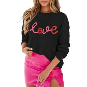 MARZXIN Women 2026 Casual Holiday Love Sweaters Round Neck XOXO Sweater St Patrick Tops Merry Christmas Heart Sweatshirt (Black, S)