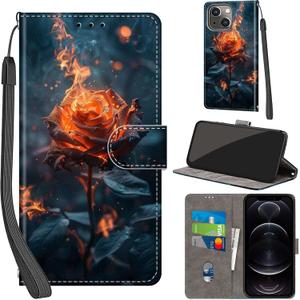 Case Wallet for iPhone 13 / iPhone 14, with [3 Card Slots], Kickstand Magnetic Closure PU Leather Shockproof Protective Flip Cover 6.1", Burning Roses (Pic:09)