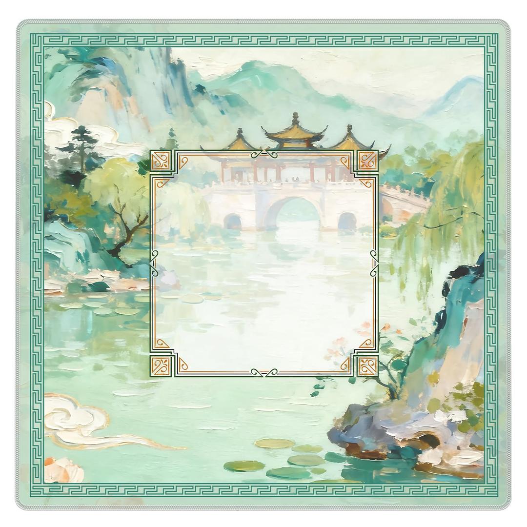 Qabliqo Elegant Chinese Garden Mahjong Mat, Teal Green Chinoiserie Pavilion Lake Non-Slip Noise Reduction Gaming Mat 31.5 x 31.5 Inch for Table American Mahjong Games Card Games Poker Board Dominoes