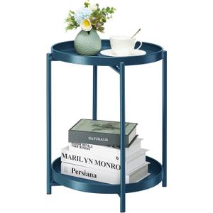 Danpinera 2-Tier End Table, Outdoor Side Table Metal Round Side Table with Removable Tray, Small Accent Table, Anti-Rust Nightstand for Bedroom Balcony Patio Living Room (Navy Blue)