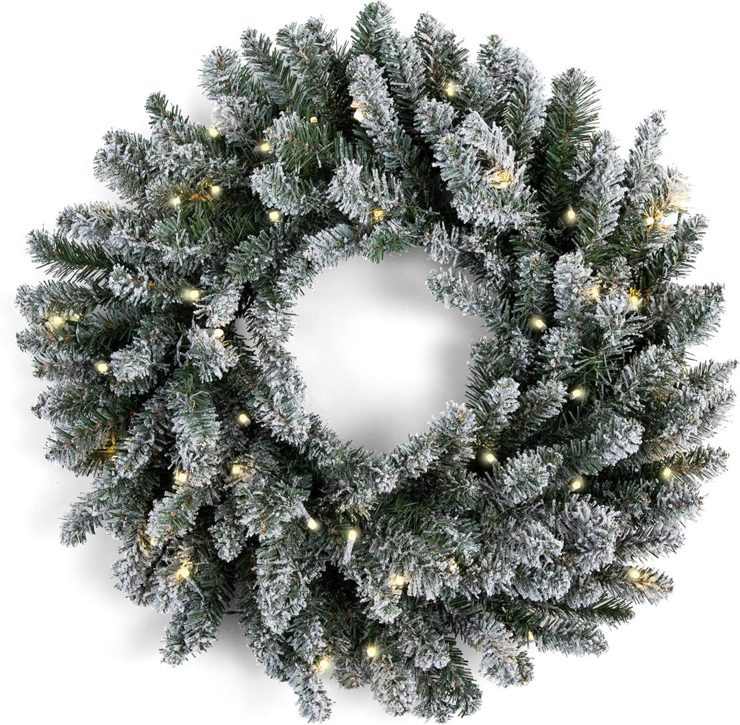 Papyrus 24" Pre-Lit Frosted Blue Spruce Artificial Wreath, Warm White Light, Battery Powered, Indoor/Outdoor