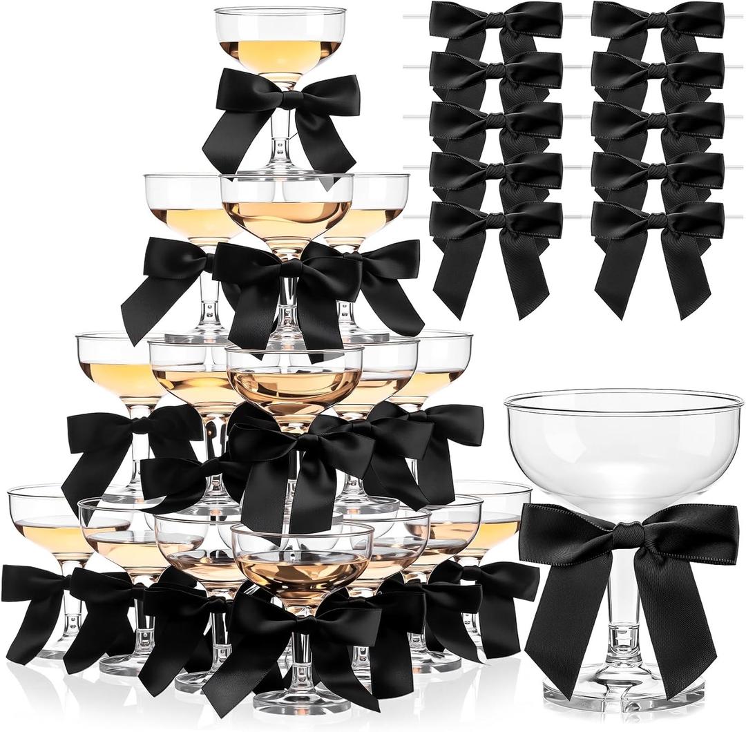 Zopeal 30 Set Champagne Tower Champagne Coupe Cocktail Glasses 5 oz with Satin Bows 3.5 Inch Plastic Margarita Espresso Martini Glasses for a Tiny Bit Older Valentine's Birthday Party (Black Bow)