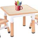 FUNLIO Kids Table and 2 Chairs Set, Height Adjustable Toddler Table and Chair Set for Ages 3-8, Easy to Wipe Arts & Crafts Table, for Classrooms/Daycares/Homes, CPC & CE Approved ( 23.5in*23.5in, 3pcs Set) - Natural