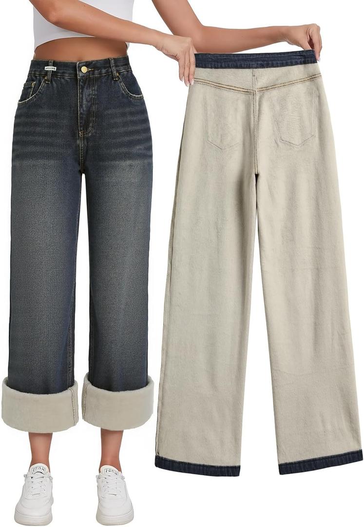 EMMIOL Jeans for Women Wide Leg Baggy Jeans Y2K Casual Loose Boyfriends Trousers Vintage Streetwear (Medium, Blue-(warm Fleece Lined))