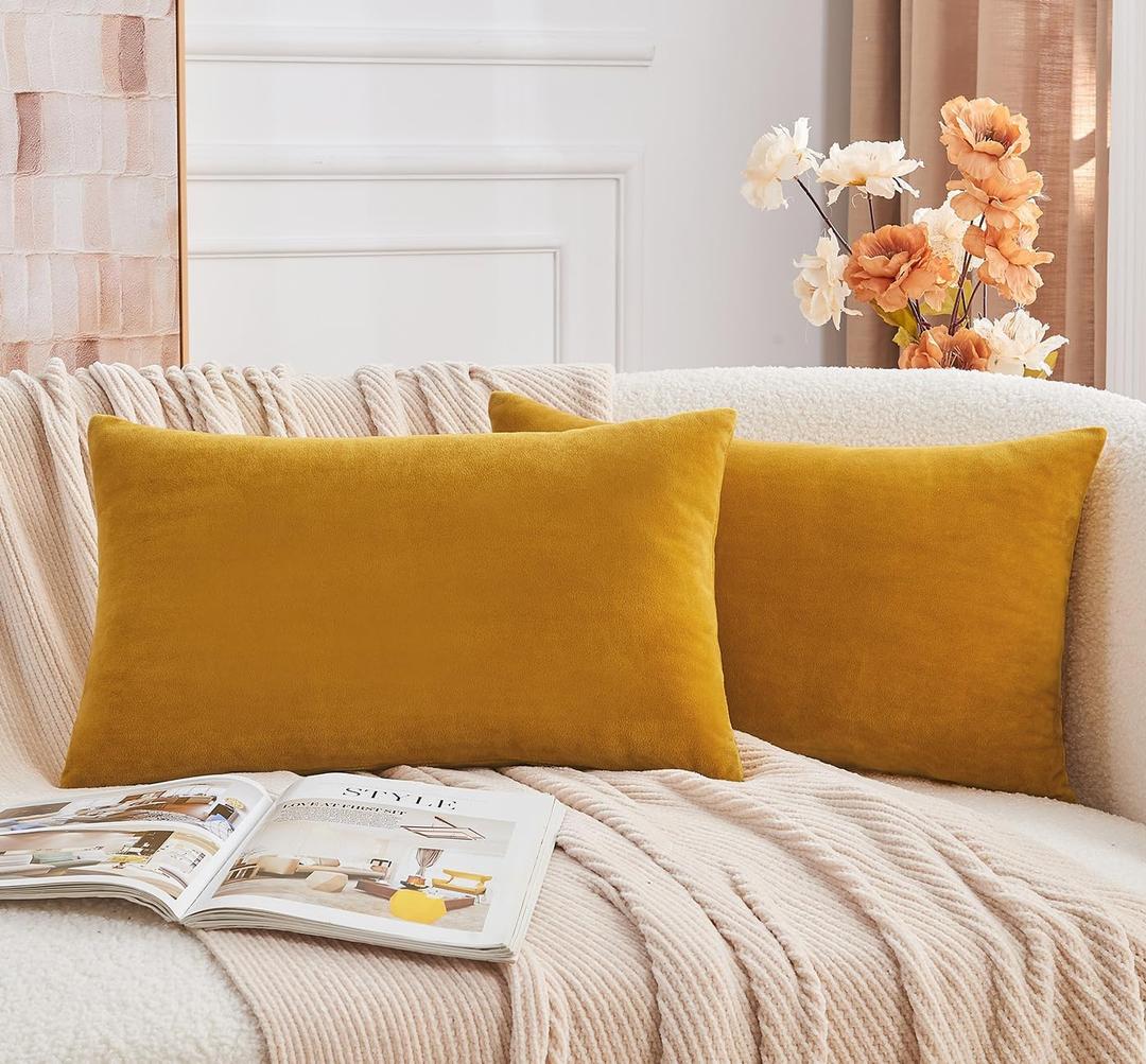 Throw Pillow Covers Mustard Yellow Set of 2 12x20 Inch Fall Pillow Covers, Soft Velvet Farmhouse Lumbar Decorative Pillowcases for Couch Sofa Bed, Home Boho Decor, Modern Cushion Covers