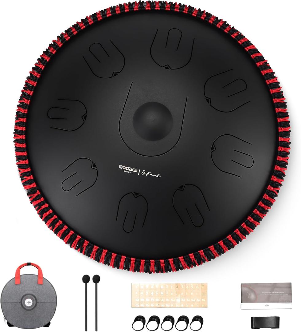 Moozica Steel Handpan Tongue Drum, 14 Inches 17 Notes in D Minor with Octave Overtone Design, Handpan Drum Percussion Instrument With Carry Bag (D-Kurd, Black)