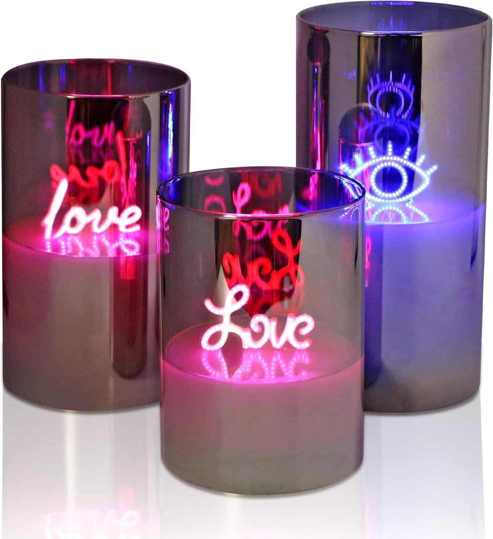 Black Glass Flameless Pillar Candles,LED Fake Candles Battery Operated Set of 3(Love and Eye)