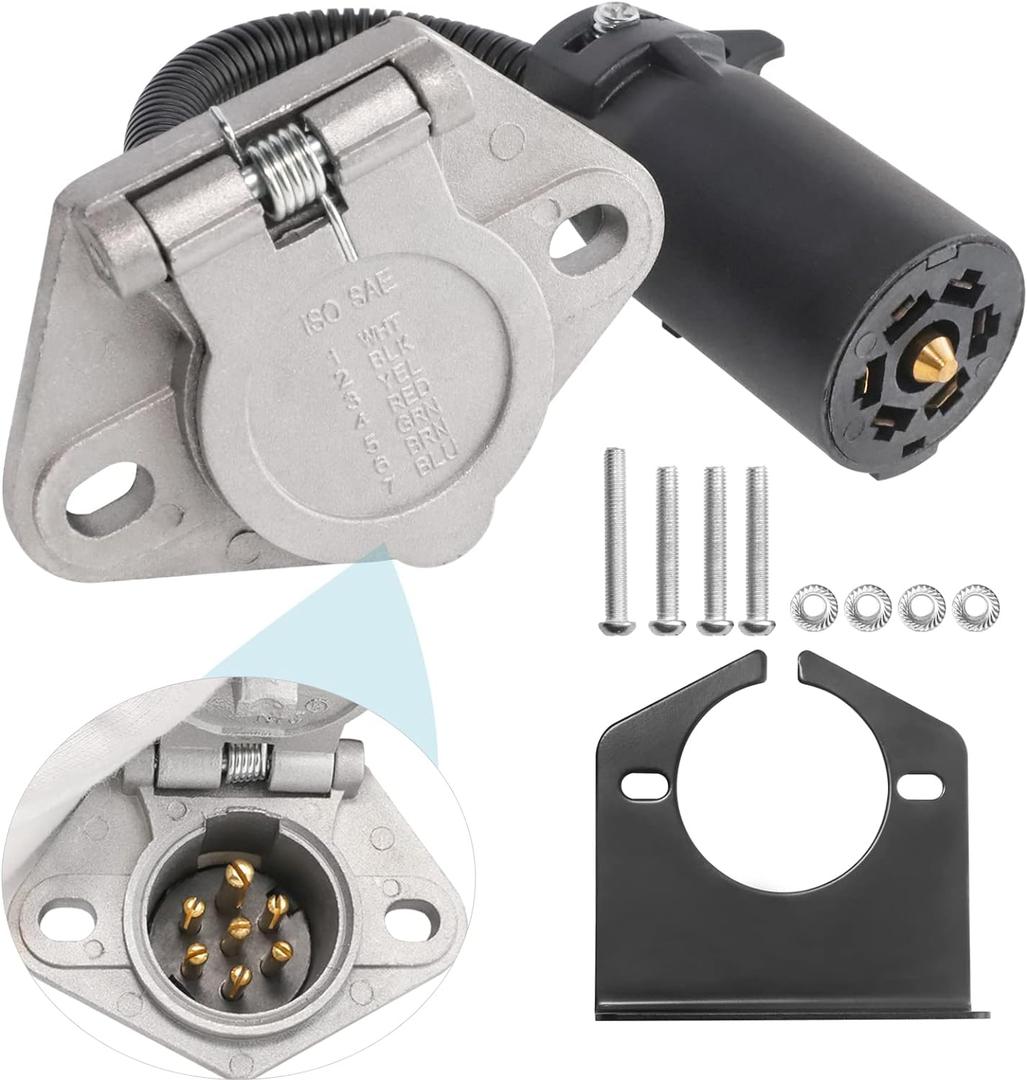 MECMO 7-Way RV Blade to 7 Way Round Pin Trailer Adapter Connector, Die-cast Zinc with Mounting Bracket, 7 RV to 7 Pole Pin Trailer Socket Plug Harness for Towing Commercial, Agricultural, Farm Trailer