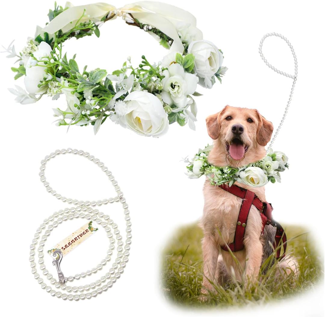 Dog Flower Collar, Dog Wedding Collar and Pearls Leash Set Adjustable Wreath Wedding Outfit Flower Collar Pet Photo Prop (Medium) (White)