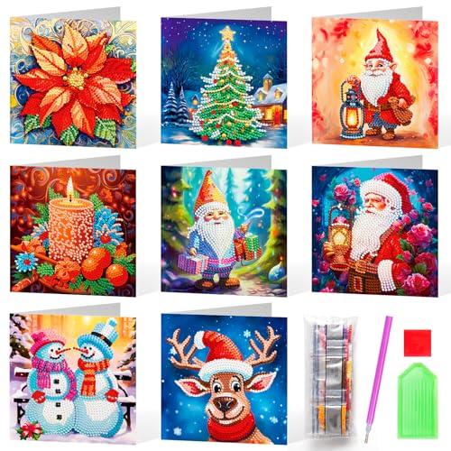 Cumule 8pcs Christmas Diamond Art Cards 5d DIY Christmas Diamond Art for Adults Beginners Santa Snowman Elk Christmas Tree Xmas Greeting Cards for Holiday Craft Card Making