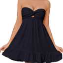 HOCANDY Womens Strapless Mini Dress Twist Knot Front Cut Out Babydoll Dress Smocked Backless Ruffle Hem Tube Dresses (Small, Black)
