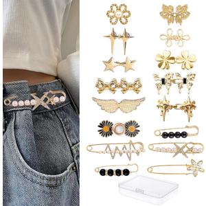 Pant Waist Tightener for Women : Jean Clips to Tighten Waist for Pants - Decorative Jean Buttons Pins for Clothing Dresses Skirts 16pcs and A Box, Golden