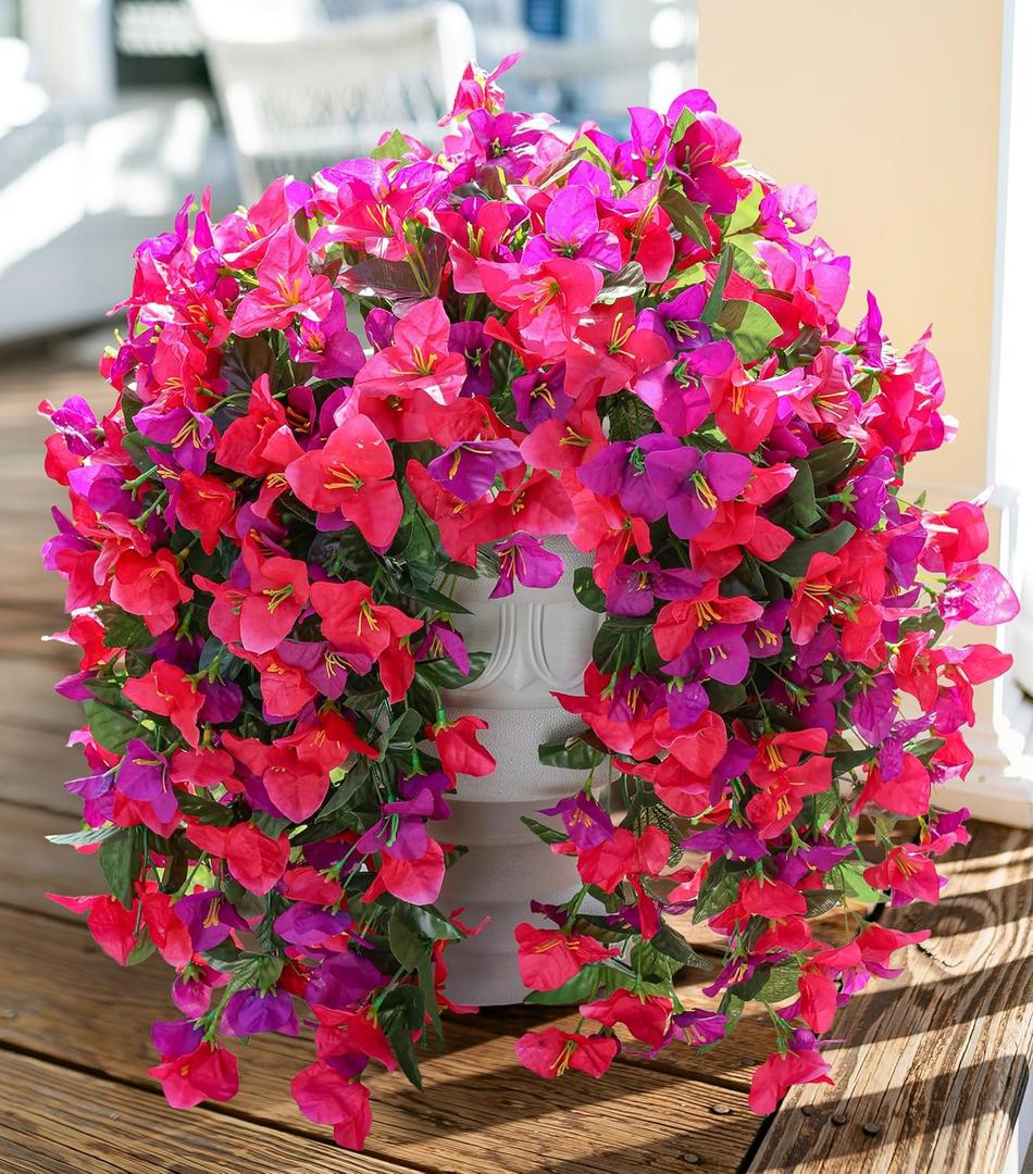 Faux Bougainvillea Artificial Flowers Plants for Outdoors Outside Decoration, 2pcs Fake Flowers Silk Long Trailing Vines UV Resistant Realistic for Front Door Porch Planter Urn Patio Balcony Yard, Mix (Purple Hot-pink)