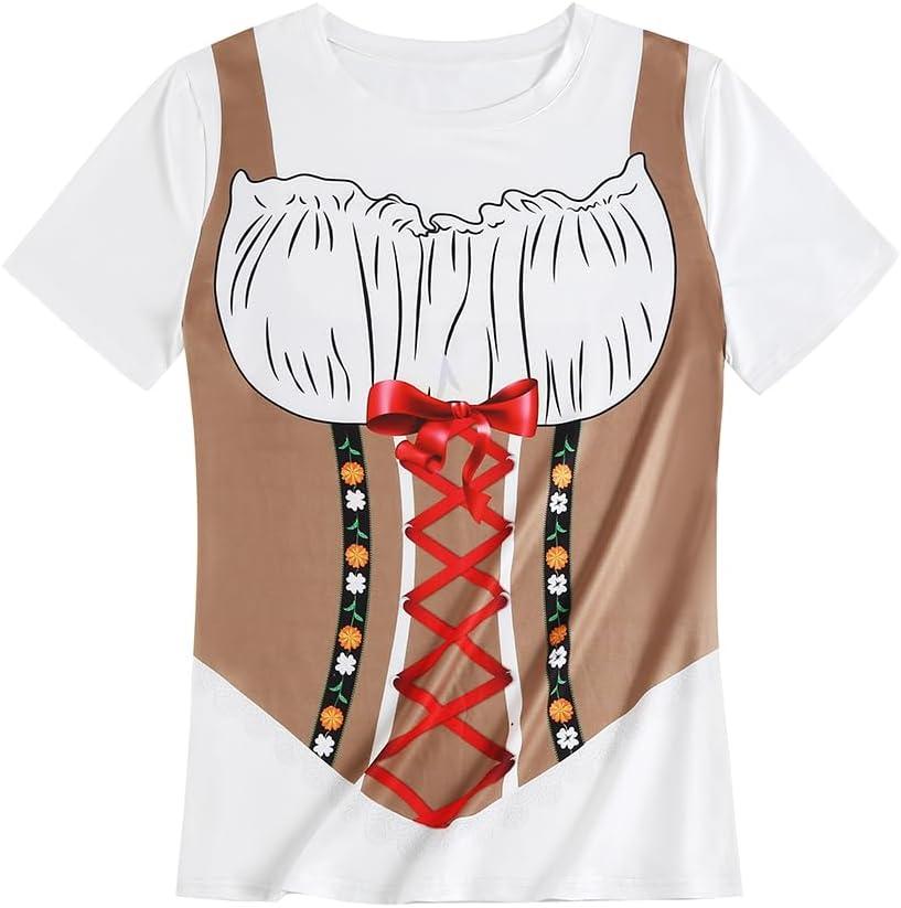 GRAJTCIN Short Sleeve Novelty Bavarian Oktoberfest T-Shirt German Bavarian Beer Festival Printed Costumes for Women (Large,Khaki)