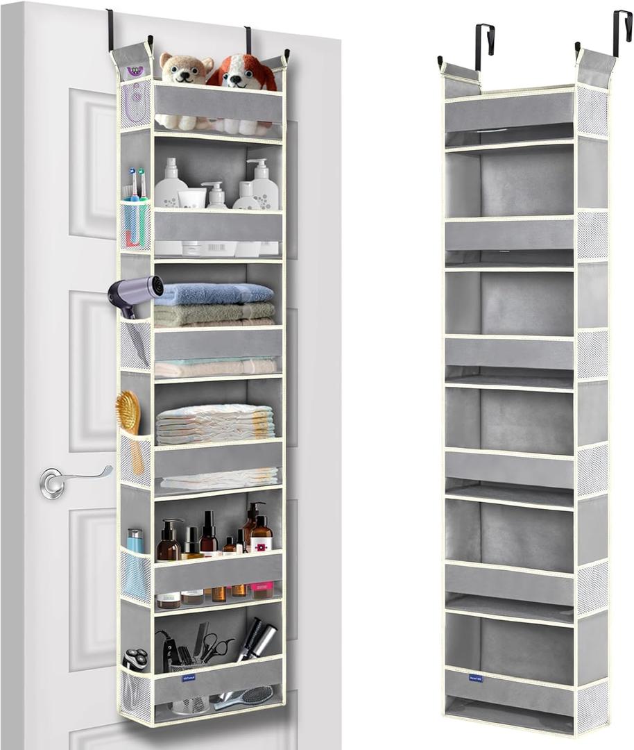 Over The Door Organizer 6-Shelves and 12 Side Pockets, Over The Door Storage for Bathroom Bedroom Nursery, Hanging Door Organizers for Baby Diapers and Kids Toys (13"x5"x54", Grey)