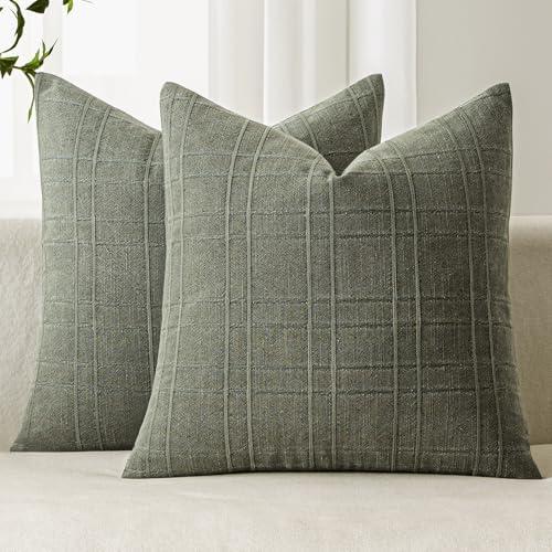 MIULEE Decorative Linen Check Throw Pillow Covers Neutral Farmhouse Vintage Spring Pillow Covers 16x16 Set of 2 Boho Modern Home Decor for Sofa Couch Bedroom Cushion Olive Green