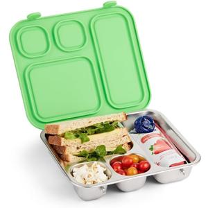 Elk and Friends Kids Stainless Steel Bento Box with Silicone Lid | Leak-proof | Toddler Lunch Container | 4 Compartments | Dishwasher Safe (Green)