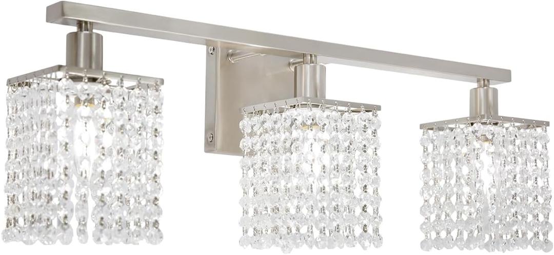 BONLICHT Modern Bathroom Vanity Light Over Mirror 3 Head Brushed Nickel Wall Light Fixtures Luxury Indoor Wall Mount Lamp Contemporary Bath Lighting Sconces with K9 Crystal Drop for Kitchen Hallway