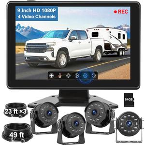 1080P 4-Wired Backup Camera System for RV/Truck, 9" HD Touch DVR Recording IPS Quad Split Monitor, 64GB Card Side Rearview Camera for Trailer/Tractor/Bus/Heavy Equipment, Waterproof IR Night Vision