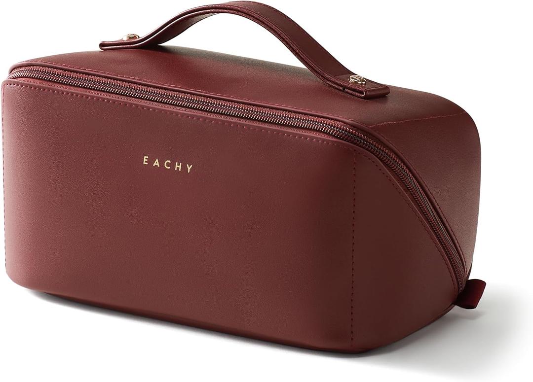 EACHY Travel Makeup Bag, Large Capacity Cosmetic Bag for Women, Waterproof PU Leather, Flat Open Portable Toiletry Bag for Skincare, Brushes & Travel Essentials