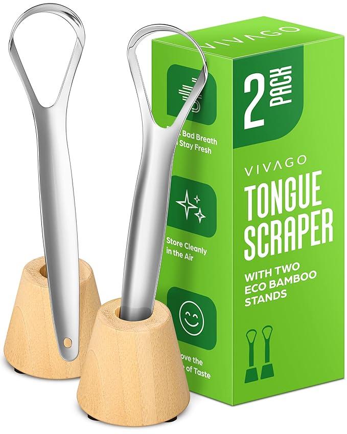 VIVAGO Tongue Scraper for Adults with Holder (2 Pack)  Metal Tongue Scraper for Tongue Cleaning and Reducing Bad Breath  Stainless Steel Tongue Scraper for Adults, Tongue Cleaner for Adults