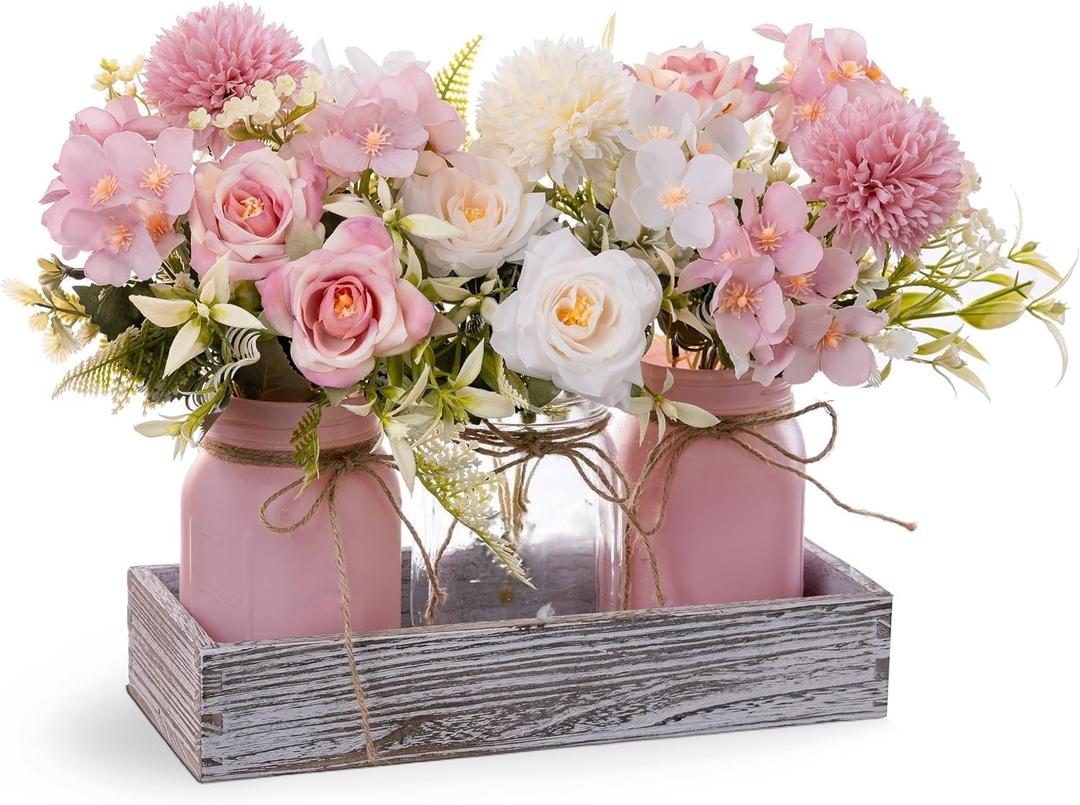 LUEUR Mason Jar Lights Centerpiece with Farmhouse Wood Tray  3 Jars with Pink Rose Spring Flowers, Rustic Spring & Summer Wedding Decoration for Dining Table, Coffee Table, Kitchen & Living Room