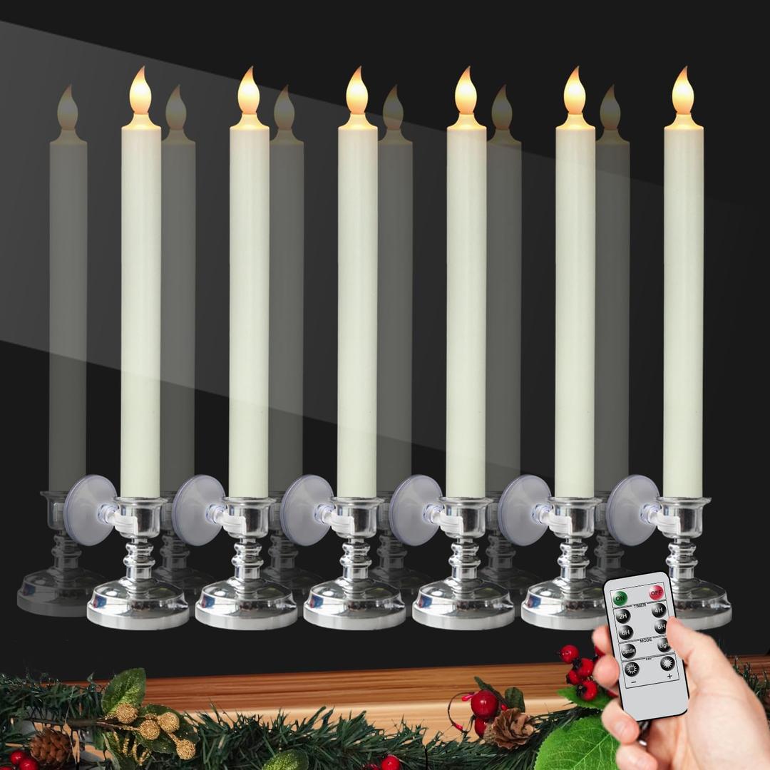 DRomance Flameless Window Candles with Remote and Timer, Battery Operated LED Taper Candles with Suction Cups Set of 6 Christmas Window Candle Holiday Decor(Silver Holders)