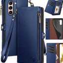 XcaseBar for Samsung Galaxy S21 Wallet case with Zipper Credit Card HolderRFID Blocking, Flip Folio Book PU Leather Phone case Shockproof Cover Women Men for Samsung S21 case Blue