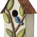 Glitzhome 9.7" H Hanging Birdhouse for Outdoor Patio Garden Decorative Pet Cottage Wooden Distressed Birdhouse, Leaves Rustic White