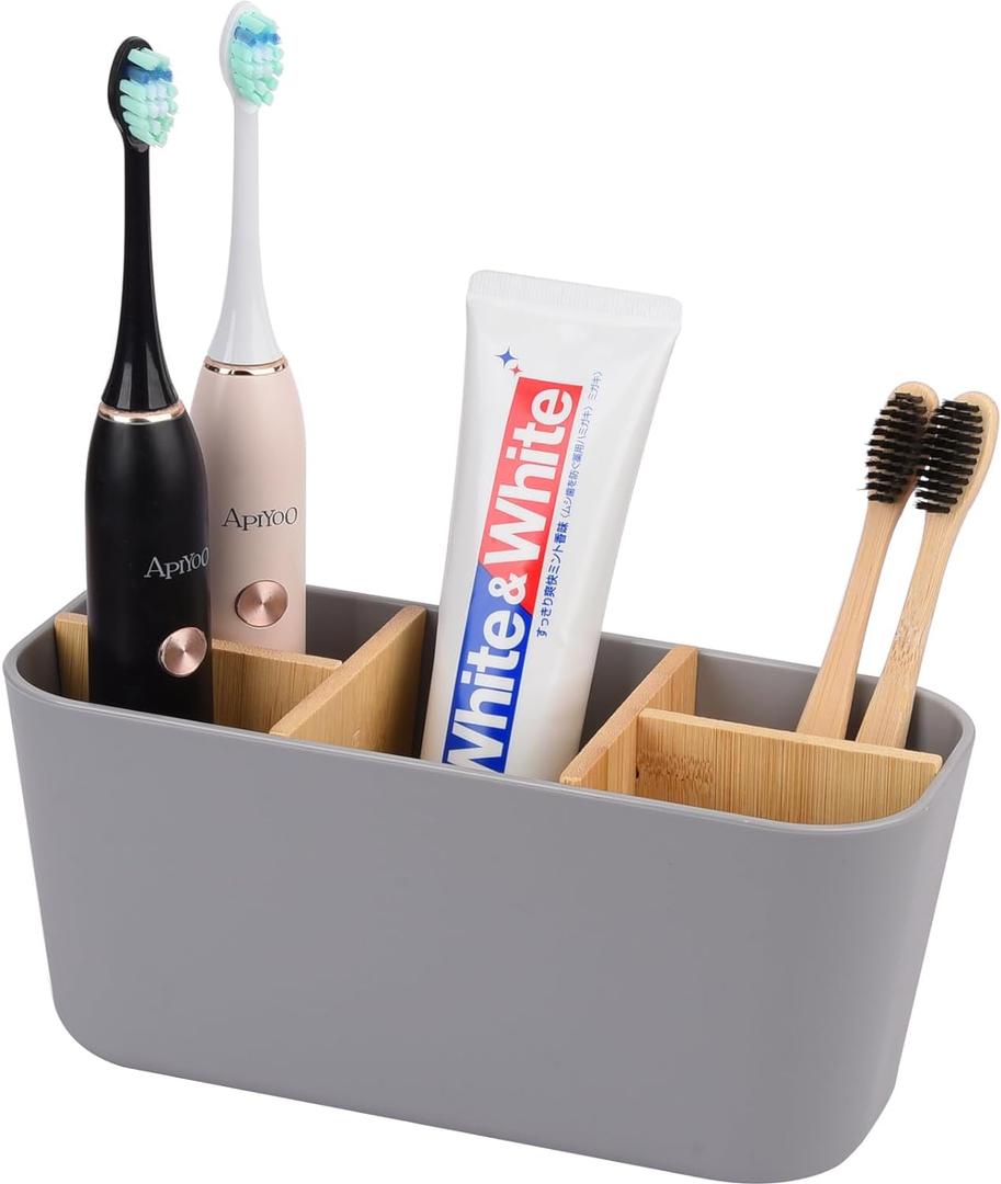 Toothbrush Holders for Bathrooms, Bamboo Tooth Brush Holder with 5 Slots Bathroom Vanity Organizer Countertop for Electric Toothbrushes, Toothpaste, Razors - Grey