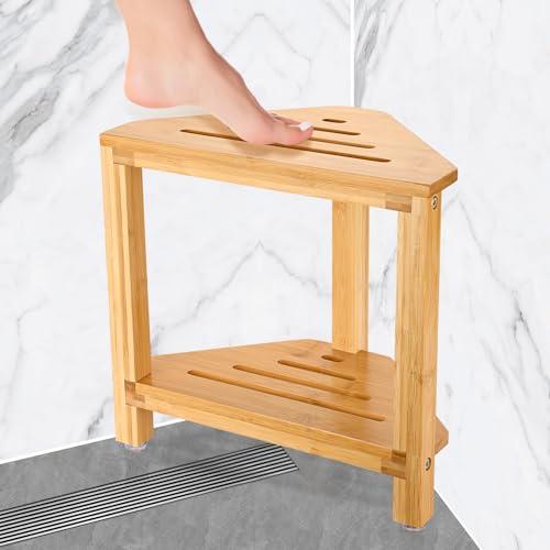 IBosins Corner Shower Stool Shower Foot Rest for Shaving Legs Small Shower Bench for Inside Shower to Sit on Bath Stool with Storage Shelf Shower Accesories - Bamboo Wood