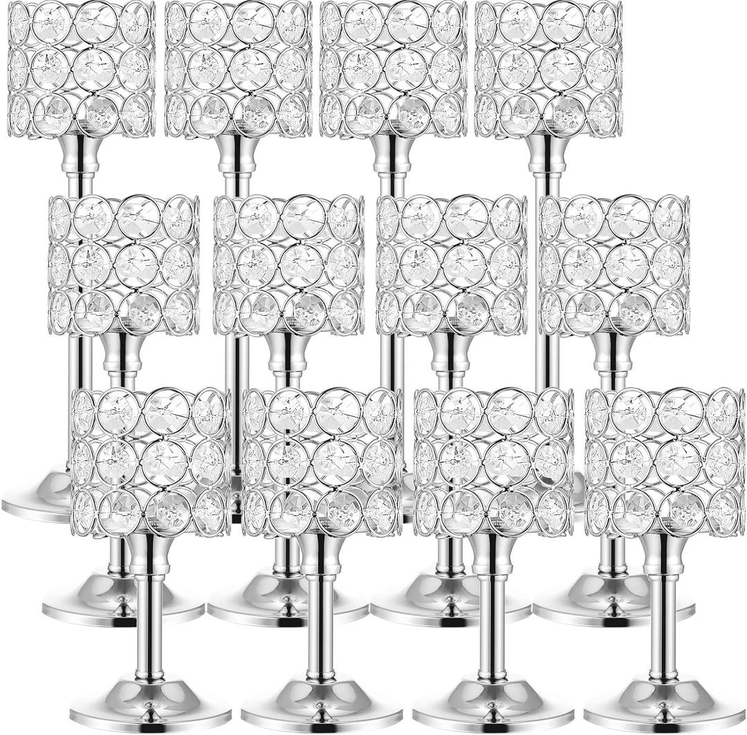 Mumufy 12 Pieces Crystal Candle Holders Set 3 Sizes Tall Crystal Wedding Candlestick Holders Pillar Candelabra Stand for Table Centerpieces for Christmas Party Wedding Dining Decoration (Silver)