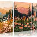Boho Daisy Wall Art Mountain Canvas Wall Decor Abstract Flower Prints Wildflower Sunset Wall Art Colorful Floral Pictures Botanical Landscape Poster Painting for Bedroom 16x24x3 Inch Wrapped Canvas