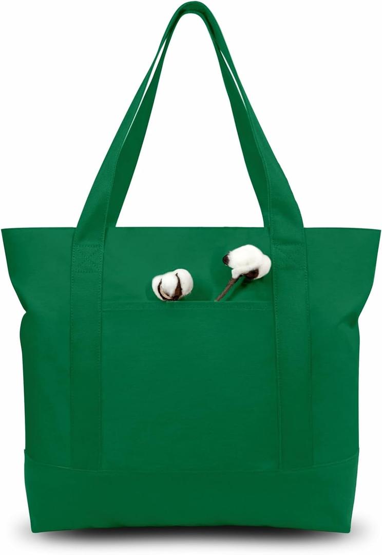 TOPDesign 1-Pack Canvas Tote Bag with an External Pocket, Reusable Grocery Shopping Bag, Top Zipper Closure, Daily Essentials (Green)