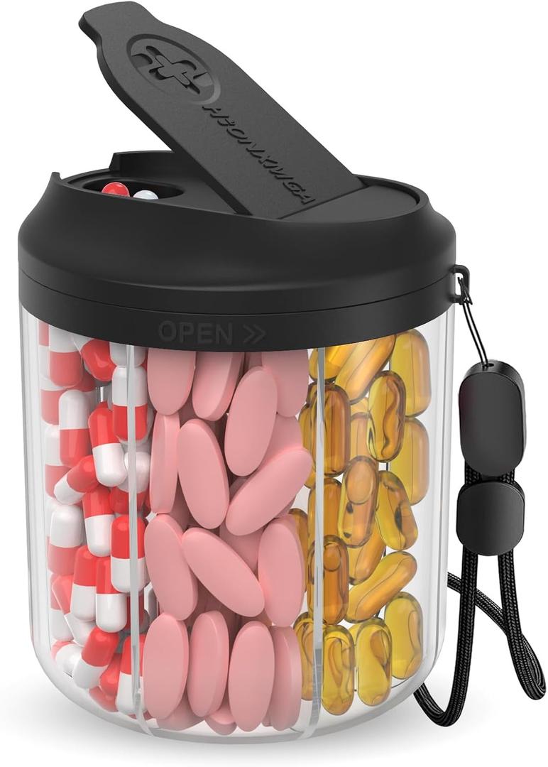 Pill Dispenser with 7 Large Compartments, Pill Bottle Organizer for Travel, Supplement Organizer with Anti-Mixing Design, BPA-Free Pill Container with 20 Pcs Labels, Black