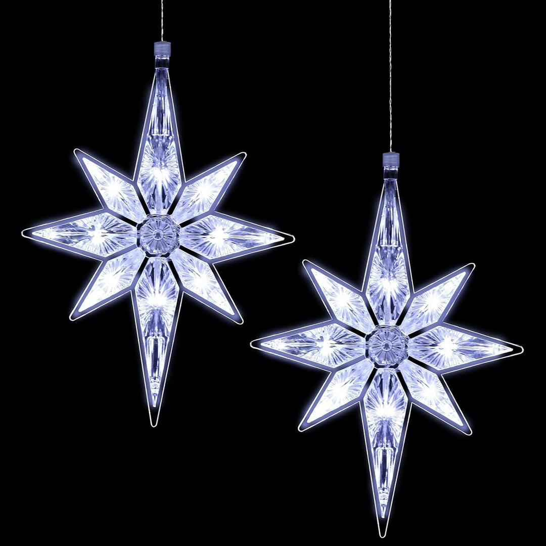 Mudder 10.8 Inch Christmas Window Star Lights Large Hanging Bethlehem Star Tree Topper Decoration Christmas LED Window Lights Silhouette Decoration(Cool White,2 Pieces)