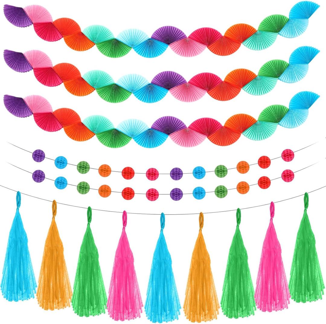 Pasimy 46 Pcs Rainbow Party Decorations Rainbow Paper Fans Garland with Honeycomb Ball Banner & Paper Tassel Kit for Back to School Classroom Home Wall Birthday Party Decorations