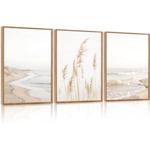 HPNIUB Modern Beach Waves Framed Wall Art Set,Seaside Reed Pathway Wall Decor,Minimalist Neutral Coastal Landscape Printing,Boho Seascape Nature Artwork for Living Room, Bedroom,Bathroom-24''x36''x3