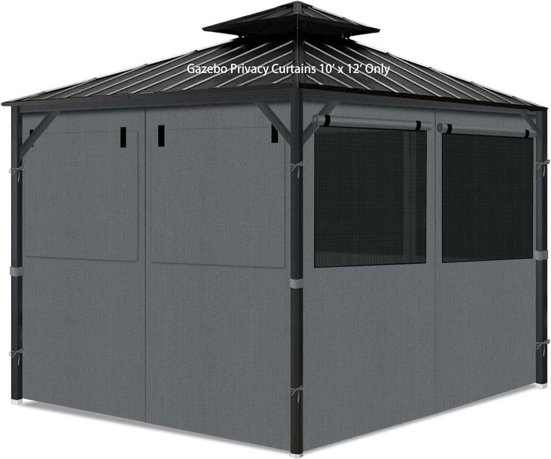 Gazebo Privacy Curtains 10' x 12' with Mosquito Windows, 4-Panels Side Wall with Zipper Universal Replacement for Patio, Outdoor Canopy, Garden and Backyard, Gray (Curtain Only) (Grey)