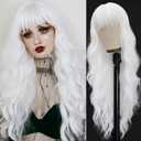 Vomella Long Wavy White Wigs for Women 26 Inch White Wig with Bangs Natural Looking Synthetic Heat Resistant Wig for Halloween Daily Party Use (60)