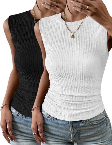 Zeagoo Women's 2 Pack High Neck Slim Fitted Basic Tank Top Knit Textured Sleeveless Blouses Medium
