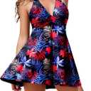 AI'MAGE Tummy Control Swimsuits for Women One Piece Swimdress 2025 Modest Bathing Suits Cutout Halter Swimwear (Medium, Red Leaves)