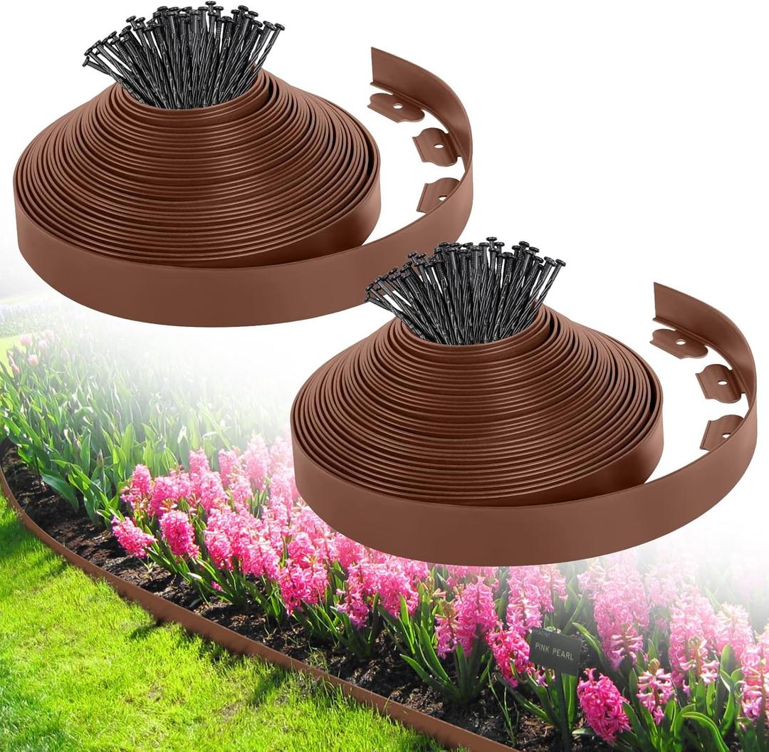 2-Inch x 80 FT Landscape Edging Border with 125 Spikes, Garden Edging Border Lawn Edging Kit, Plastic Edging for Landscape Flexible for Garden Flower Beds Lawn Yard Pathway (Brown)
