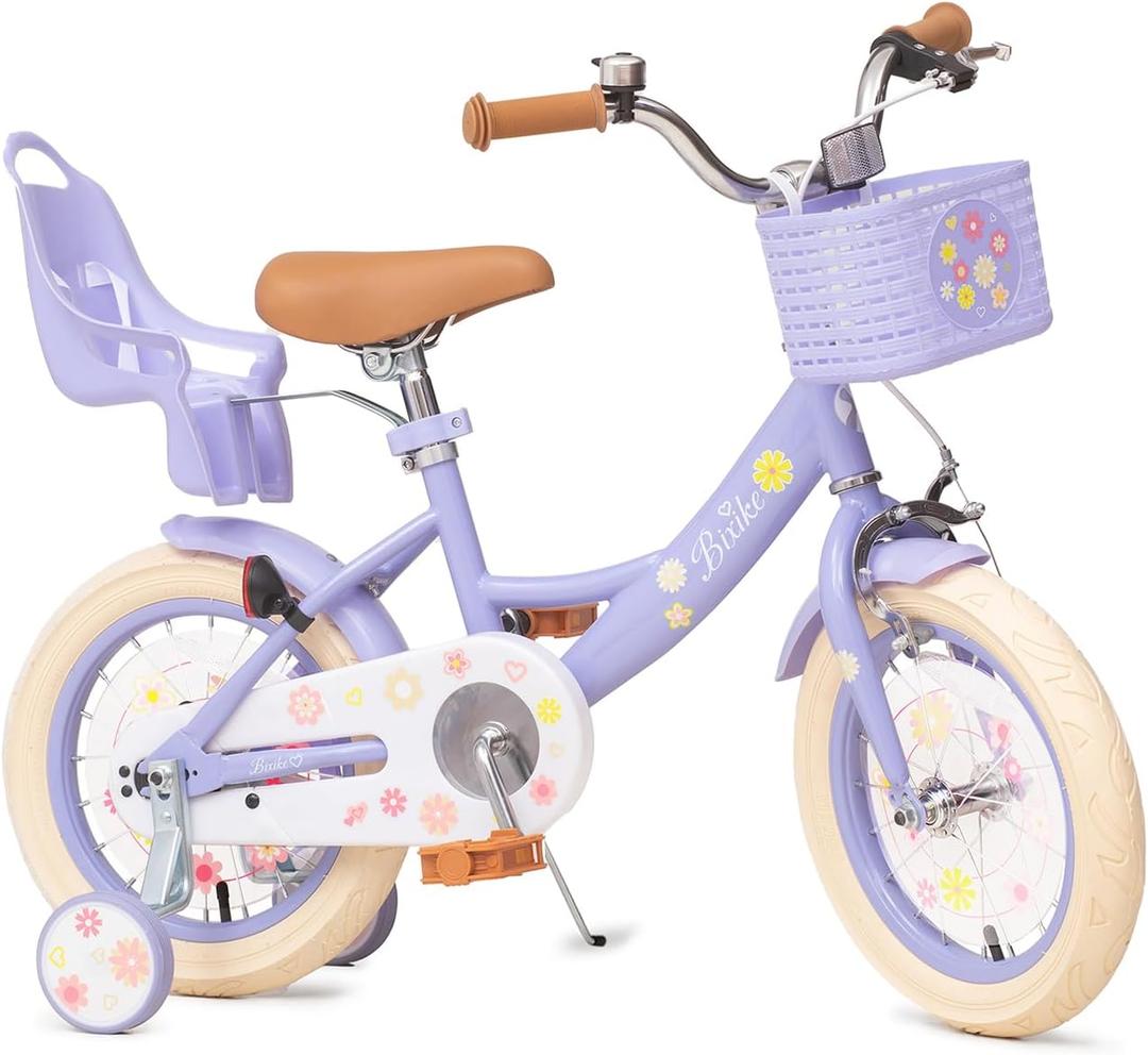 Girls Bike with Basket for Toddlers and Kids Aged 3-14, 12 14 16 18 Inch with Training Wheels, 20 Inch with Kickstand & Rear Rack, Princess Style Bicycle with Doll Seat & Daisy Prints for Gift (Purple)