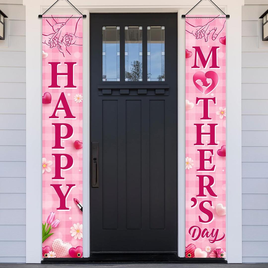 Happy Mother's Day Porch Banner Decorations,Mothers Day Porch Sign Pink Heart Flowers Mother's Day Indoor Outdoor Hanging Banner for Best Mom Ever,Mothers Day Birthday Party Decor