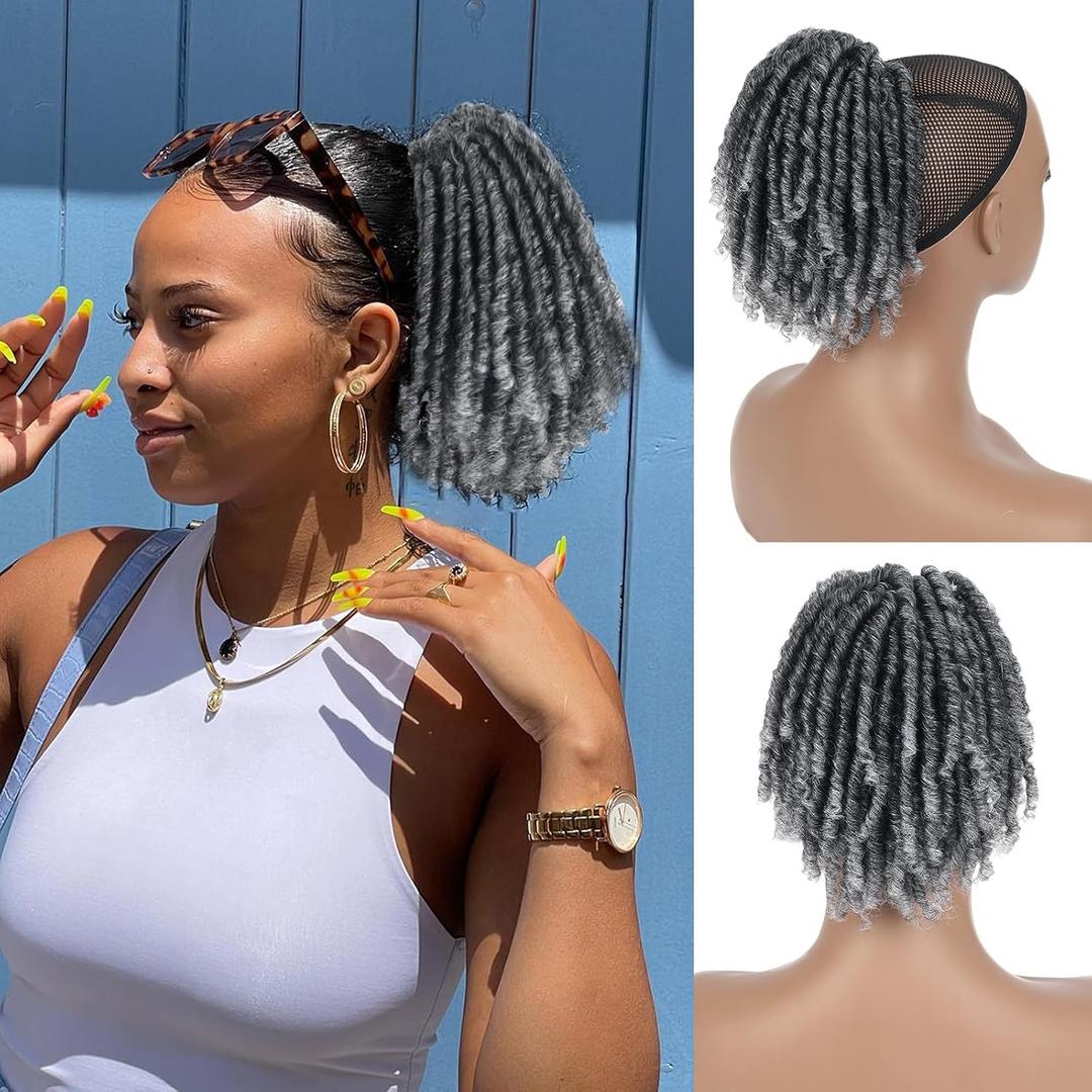 Oseti Short Grey Drawstring Ponytail for Black Women 6inch Gray Curly Ponytail Clip in on Ponytails Hair Extensions Lovely Afro Ponytails Hair Synthetic Fake Loc Ponytail Hairpieces for Women