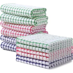 Homaxy Kitchen Towels and Dishcloths Set, 16 x 25 and 12 x 12 Inches, Set of 12 Cotton Terry Kitchen Dish Towels, Super Soft and Absorbent Dish Cloths, Red/Blue/Green
